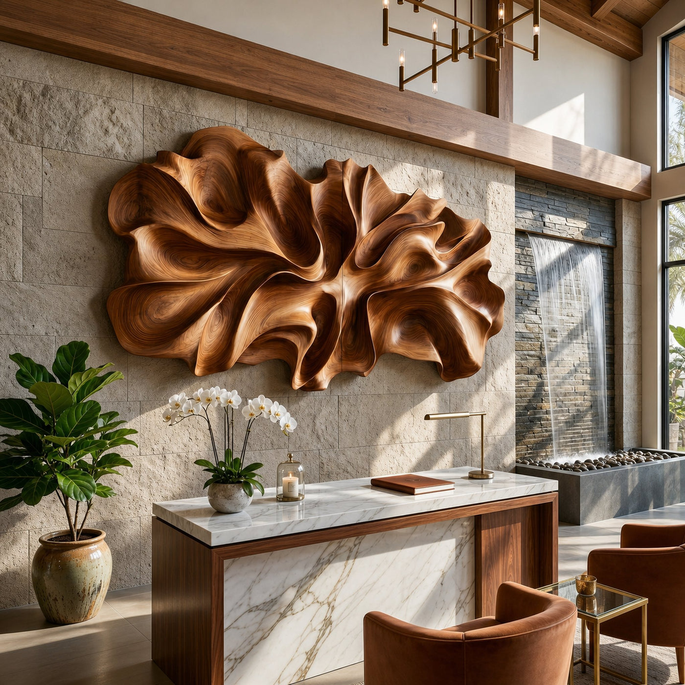Luxury Abstract Floral Wood Wall Art Resort Reception Interior Design