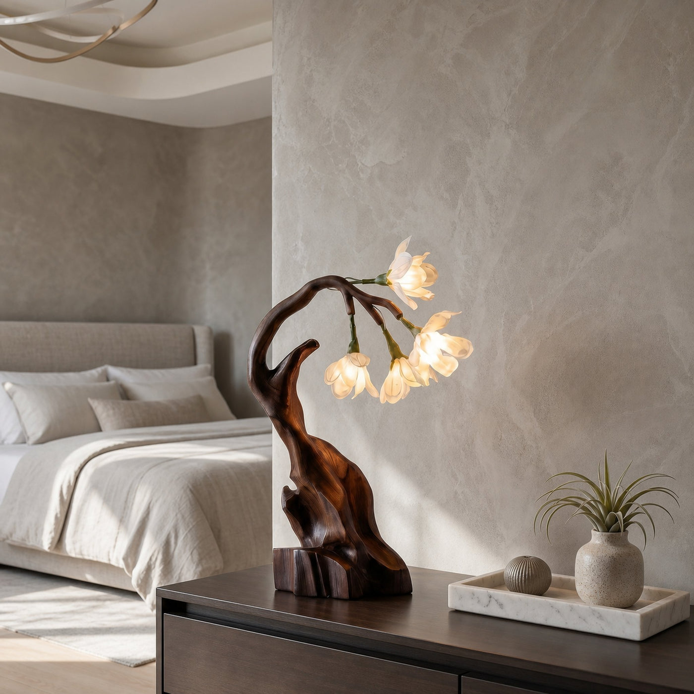 Luxury Floral Table Lamp With Sculptural Driftwood Base For Bedroom And Living Room