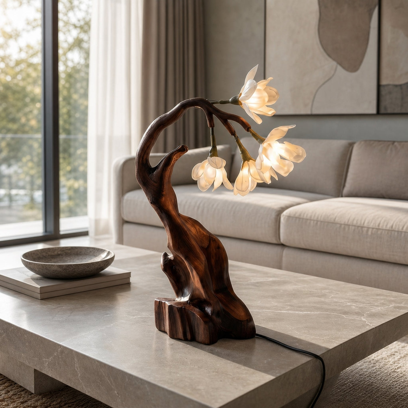 Luxury Floral Table Lamp With Sculptural Driftwood Base For Bedroom And Living Room - product view 2