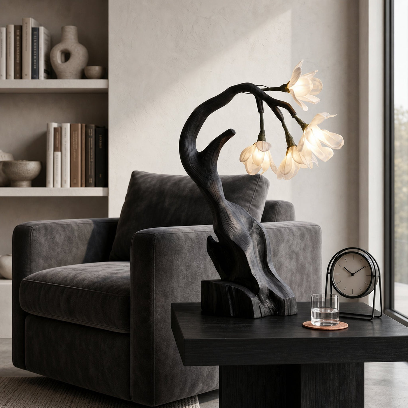 Luxury Floral Table Lamp With Sculptural Driftwood Base For Bedroom And Living Room - product view 4