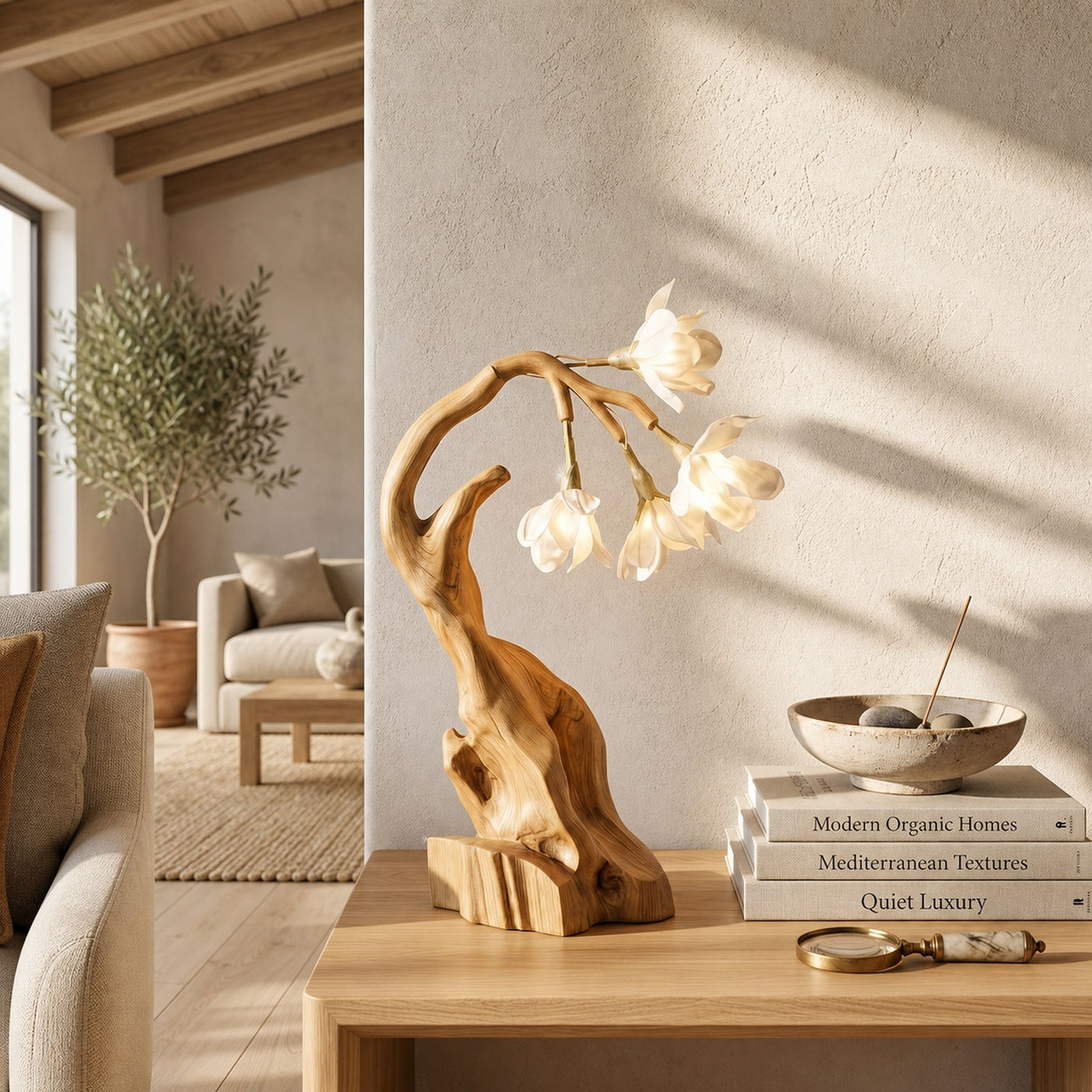 Luxury Floral Table Lamp With Sculptural Driftwood Base For Bedroom And Living Room - product view 5