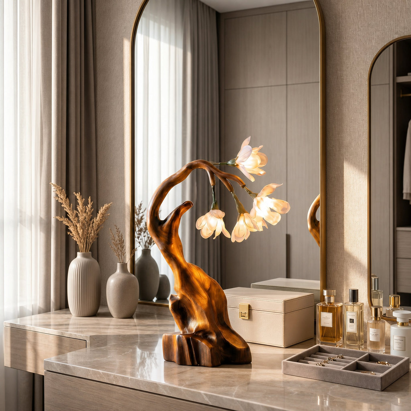 Luxury Floral Table Lamp With Sculptural Driftwood Base For Bedroom And Living Room - product view 6