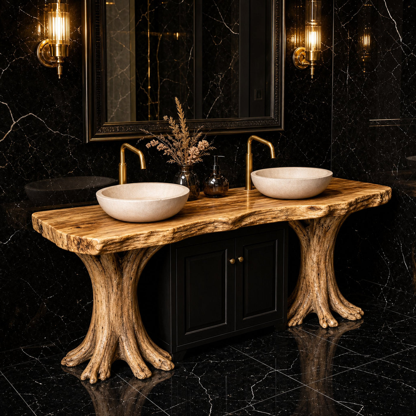 Luxury Organic Solid Wood Bathroom Vanity Tree Base Statement Design
