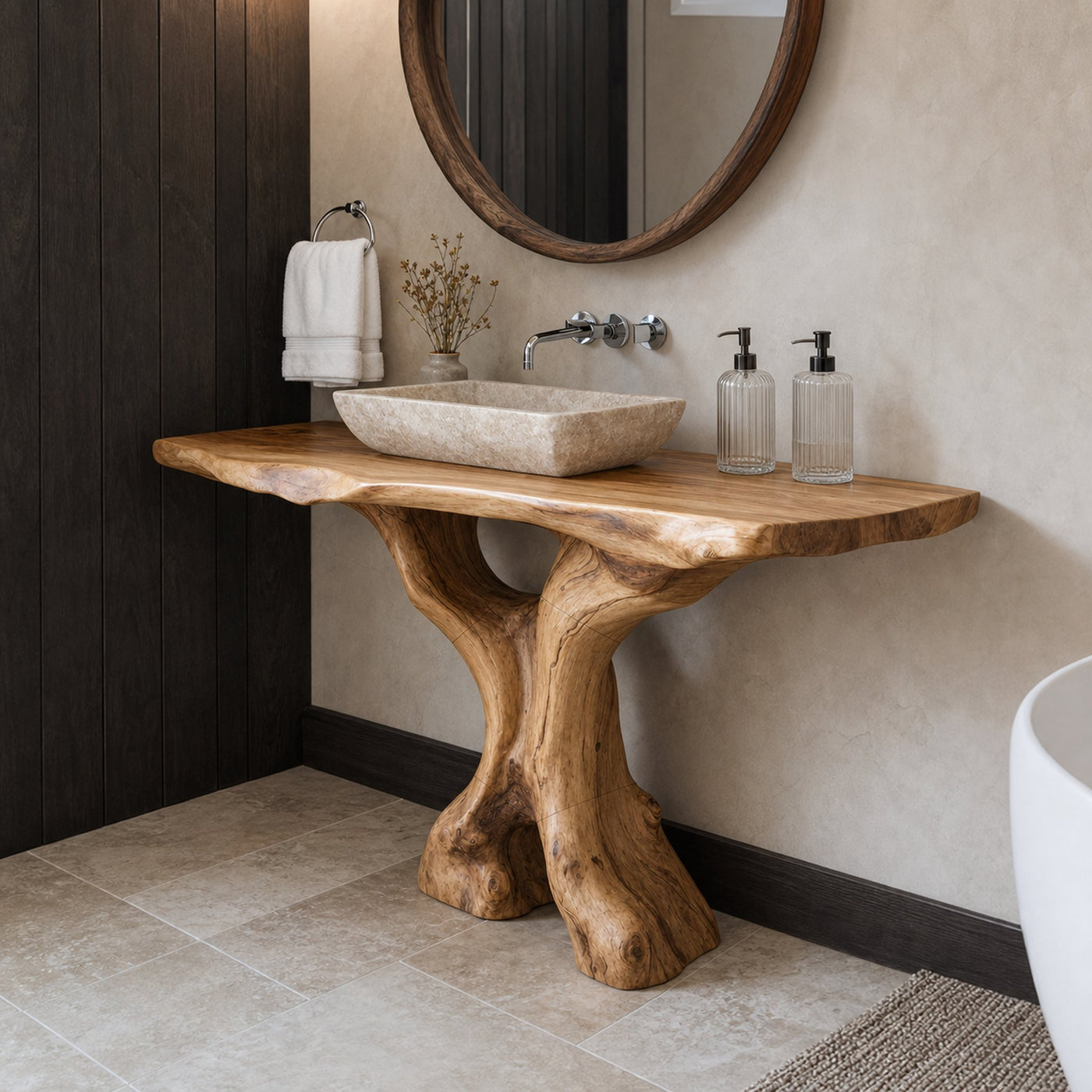 Mid Century Bathroom Vanity Solid Wood Sculptural For Luxury Bathroom