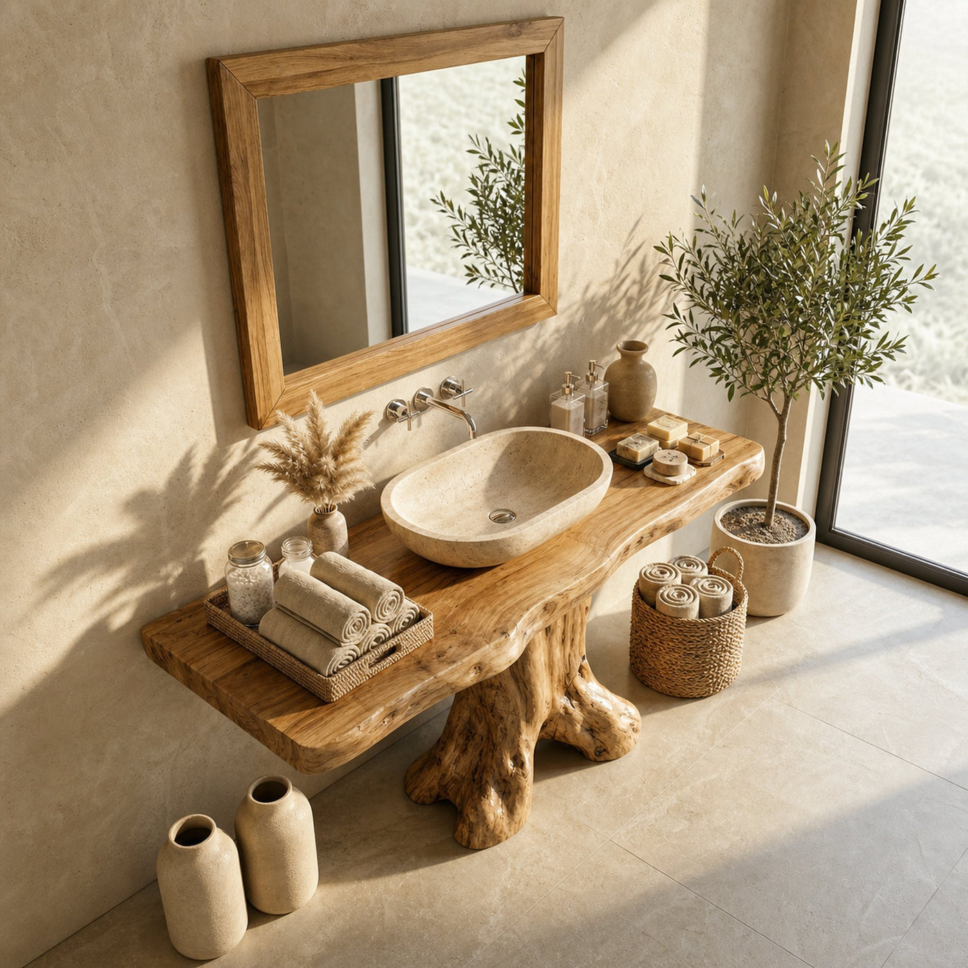 Mid Century Bathroom Vanity Solid Wood Sculptural For Luxury Bathroom - product view 4