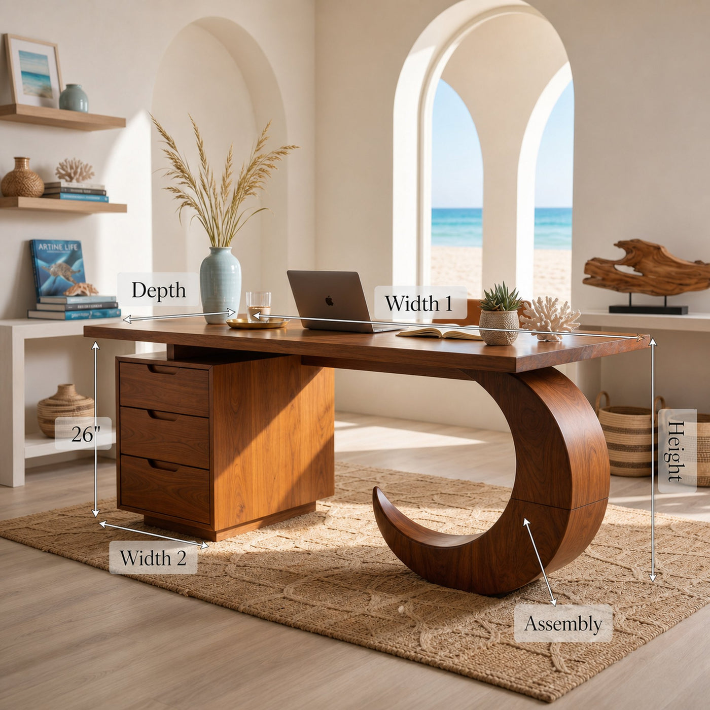 Mid Century Curved Desk With Side Cabinet For Office - product view 8