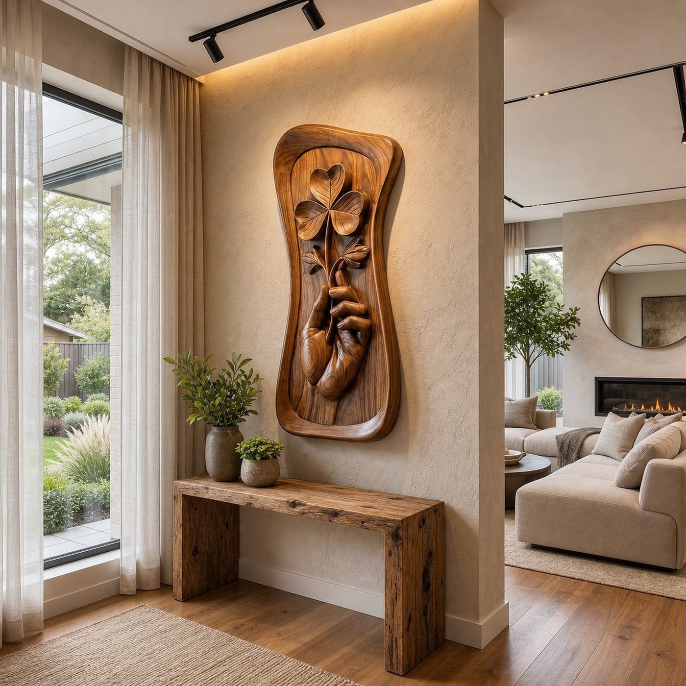 Mid Century Hand Carved Wood Sculpture Wall Art Living Room And Entryway - product view 2