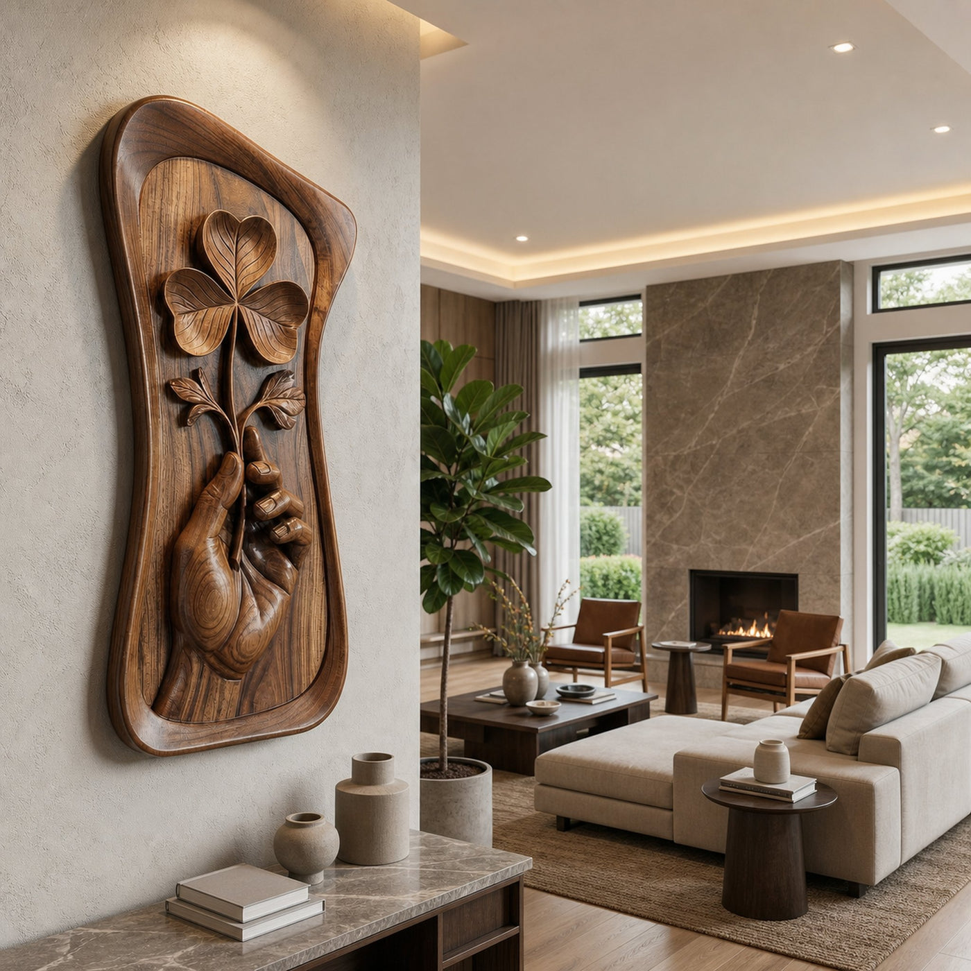 Mid Century Hand Carved Wood Sculpture Wall Art Living Room And Entryway - product view 3