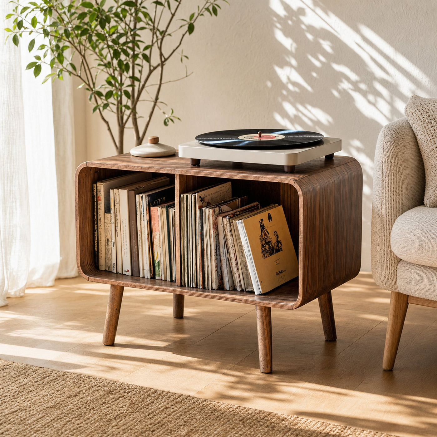 Mid Century Large Record Stand For Vinyl Storage In Bedroom