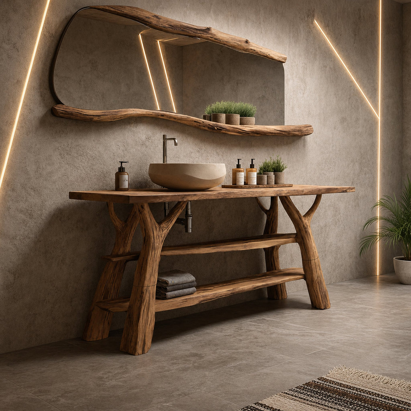 Mid Century Live Edge Bathroom Vanity Natural Solid Wood For Spa Bathroom