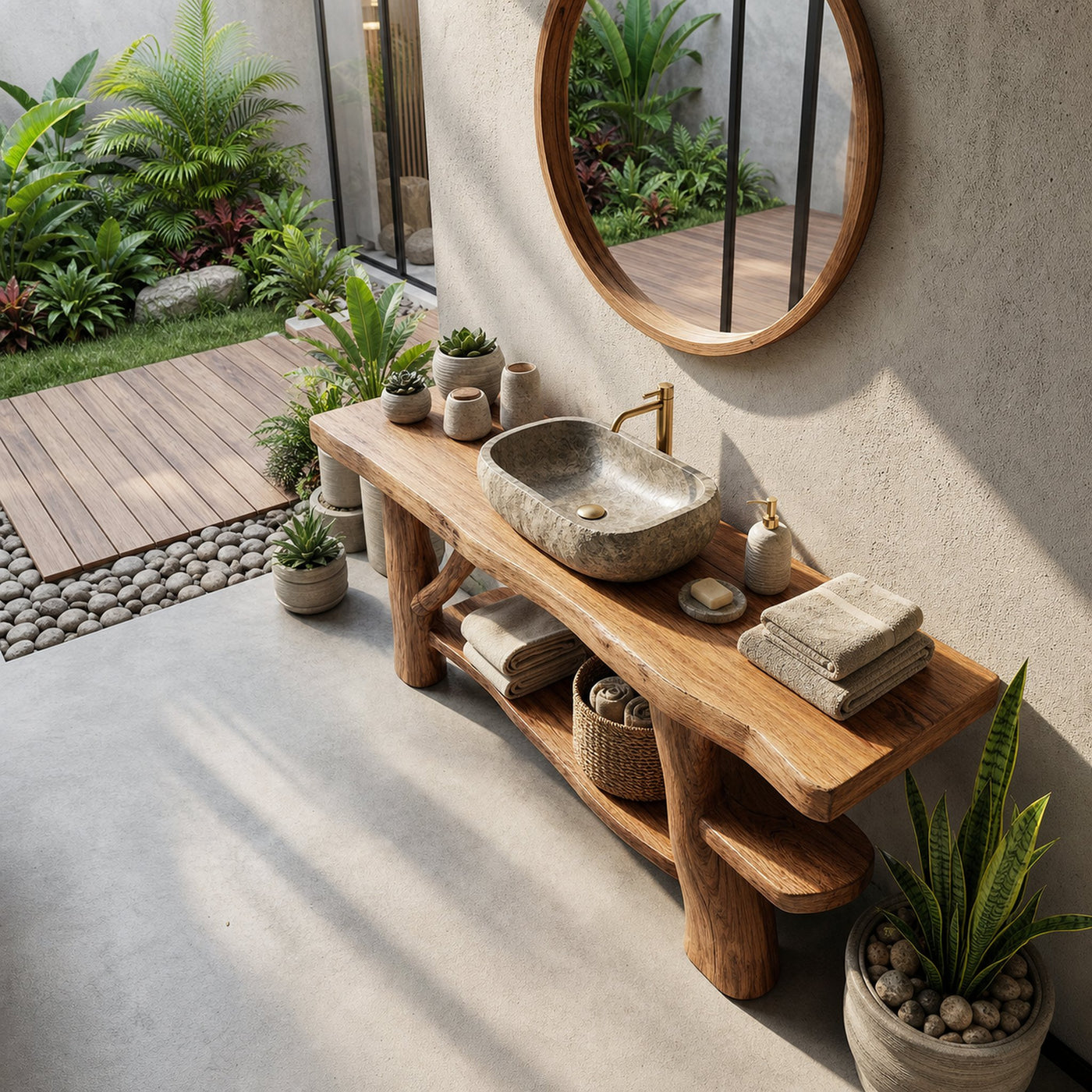 Mid Century Live Edge Bathroom Vanity Natural Wood For Home Bathroom - product view 2