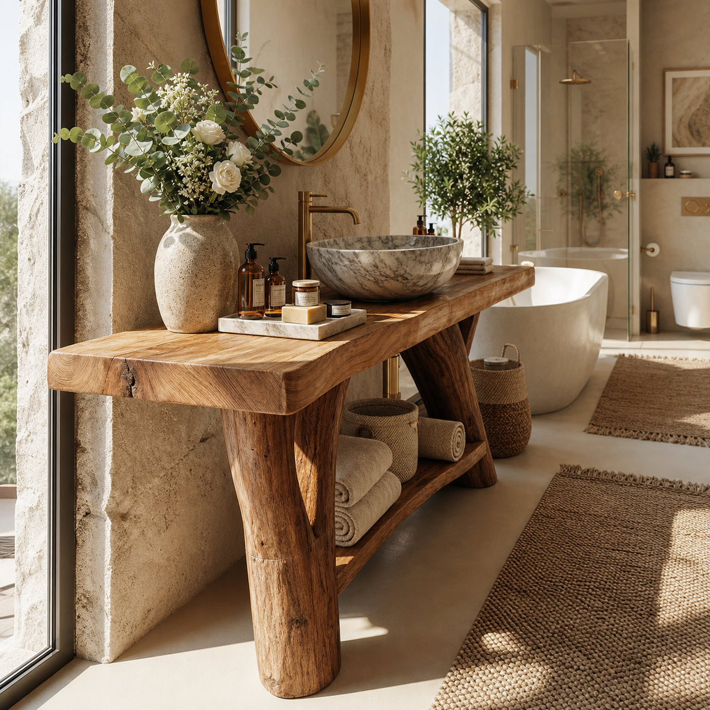 Mid Century Live Edge Bathroom Vanity Natural Wood For Home Bathroom - product view 4