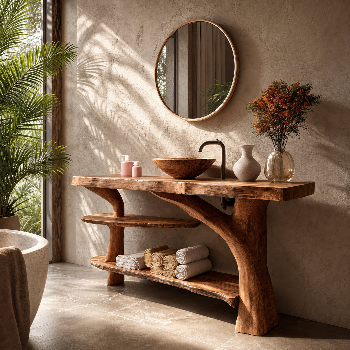 Mid Century Live Edge Bathroom Vanity Organic Wood For Luxury Spa Bath
