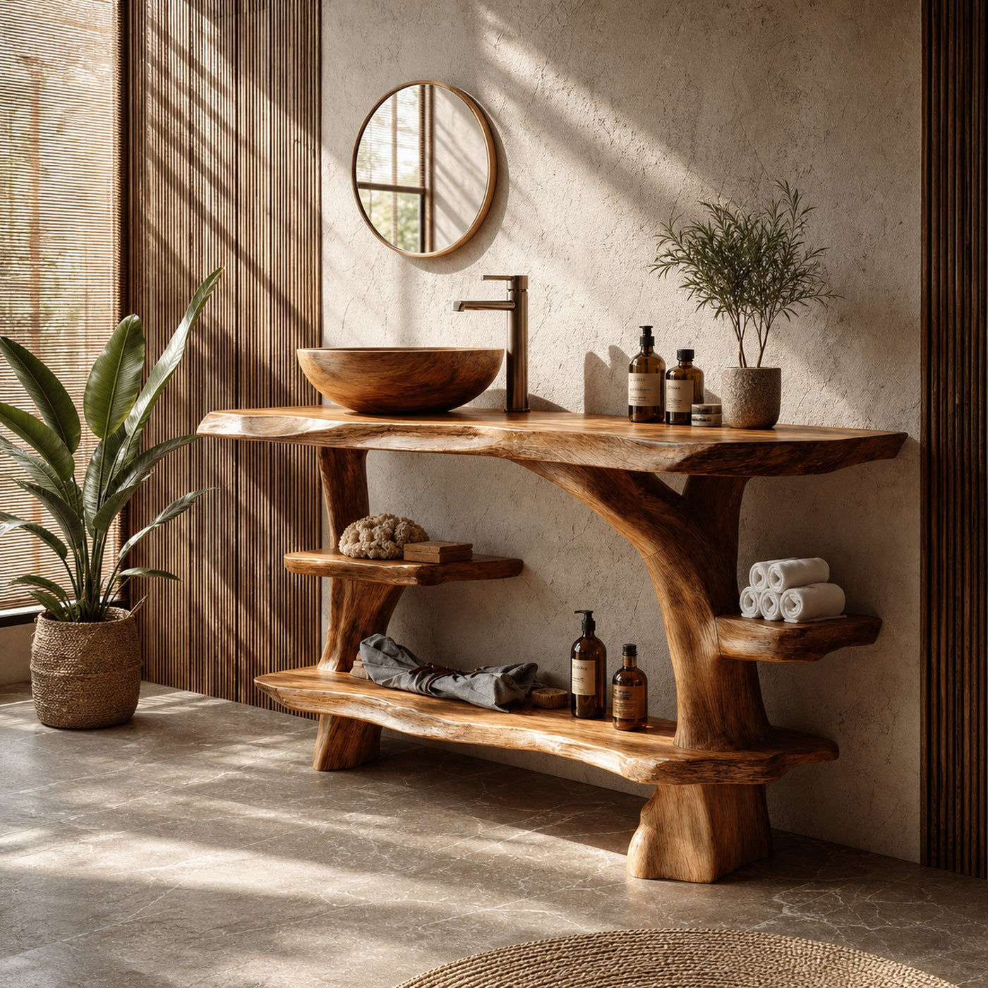 Mid Century Live Edge Tree Trunk Vanity For Modern Interior Bathroom Decor