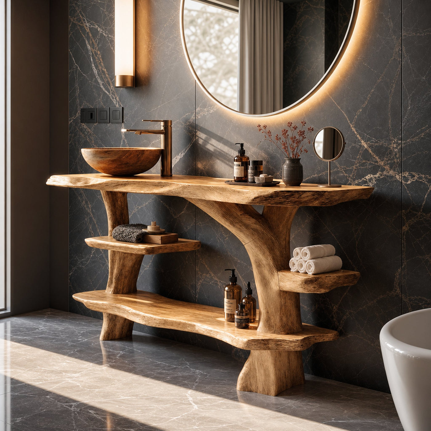 Mid Century Live Edge Tree Trunk Vanity For Modern Interior Bathroom Decor - product view 5