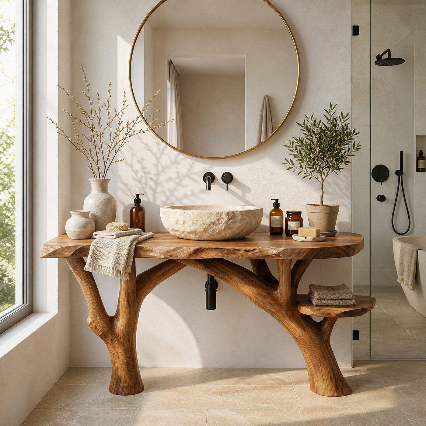 Mid Century Live Edge Vanity For Guest Bathroom Setup - product view 2