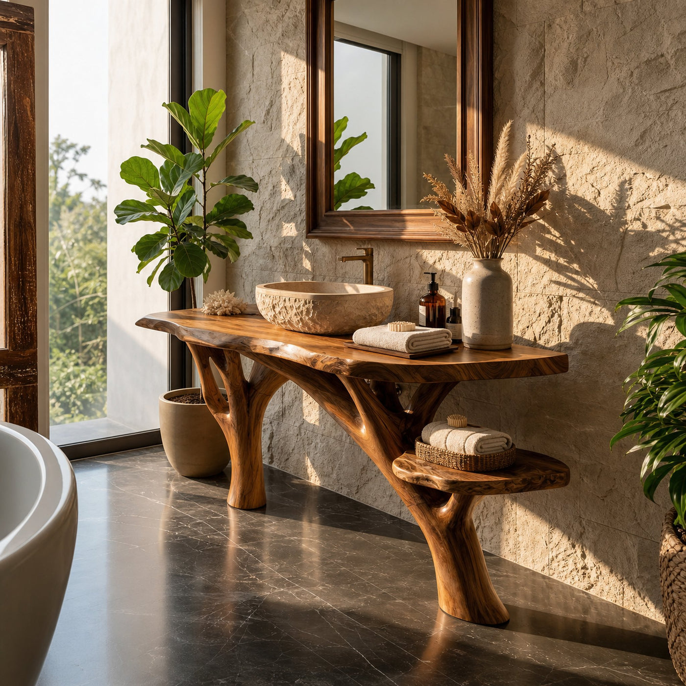 Mid Century Live Edge Vanity For Guest Bathroom Setup - product view 4
