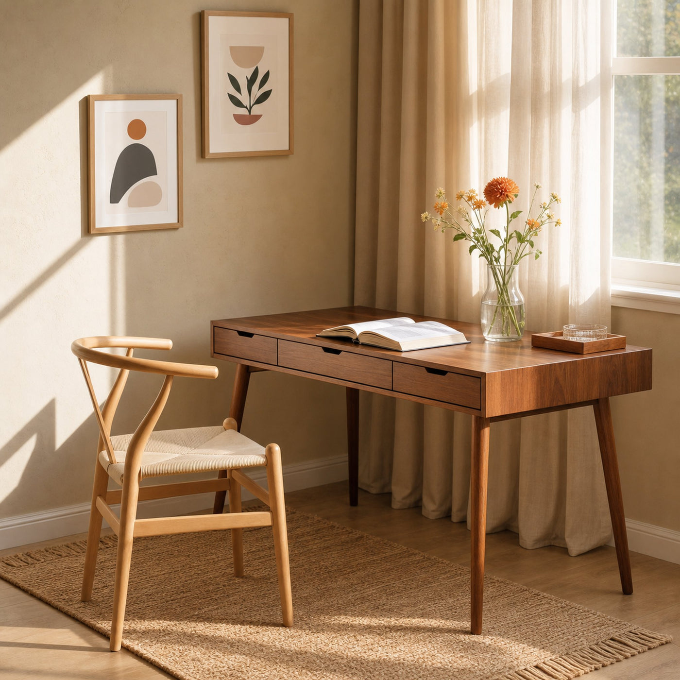 Mid Century Modern Wood Desk With Drawers For Home Office Or Study
