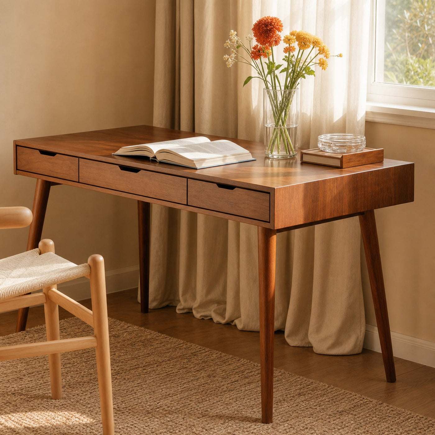 Mid Century Modern Wood Desk With Drawers For Home Office Or Study - product view 2
