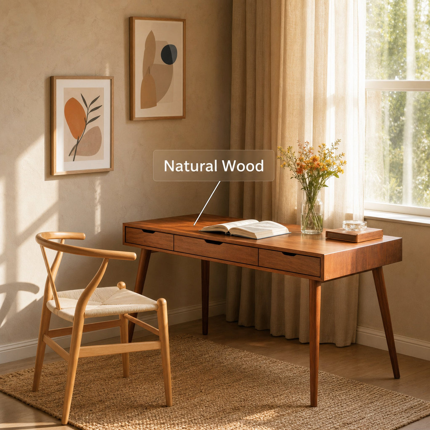 Mid Century Modern Wood Desk With Drawers For Home Office Or Study - product view 5