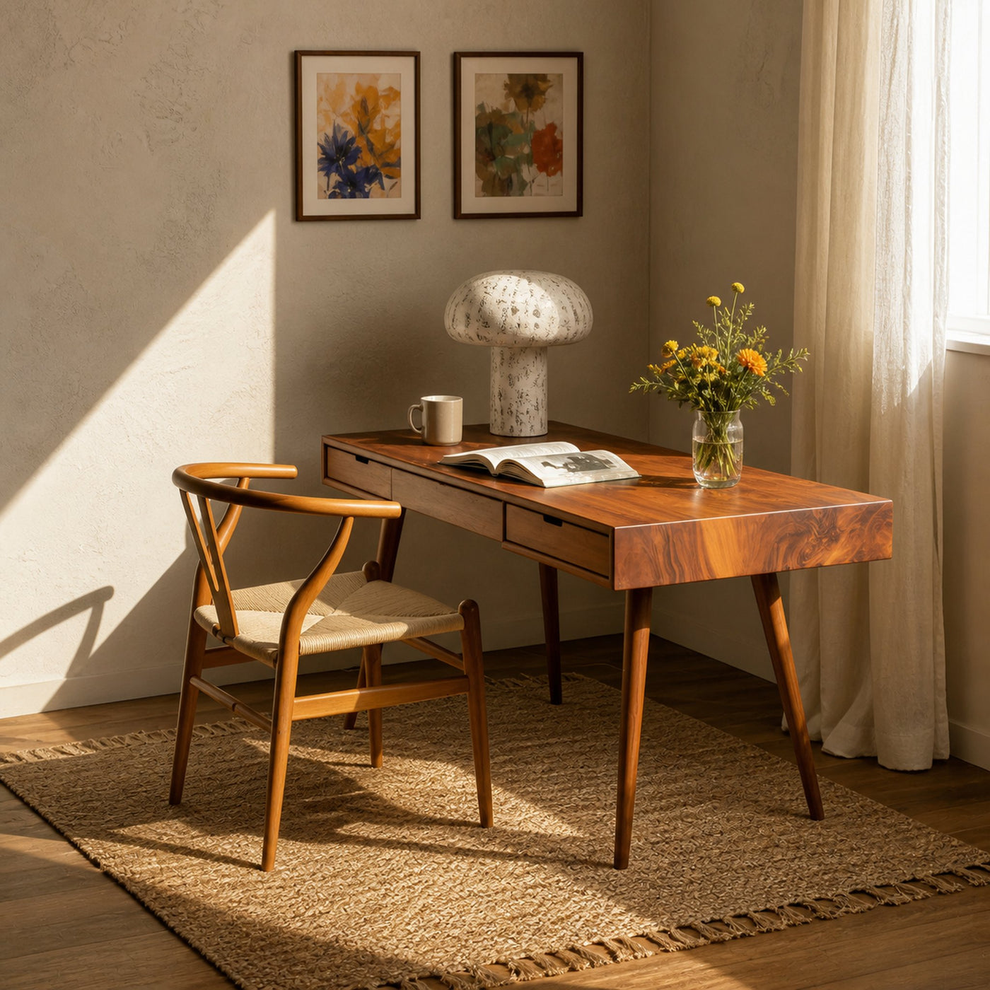 Mid Century Modern Writing Desk With Drawers For Home Office