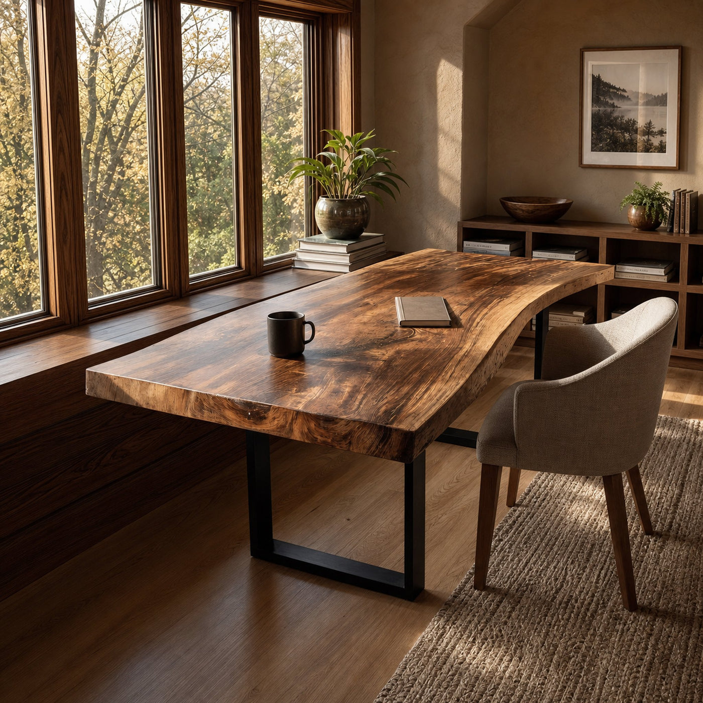 Mid Century Rustic Wooden Live Edge Desk For Home Office