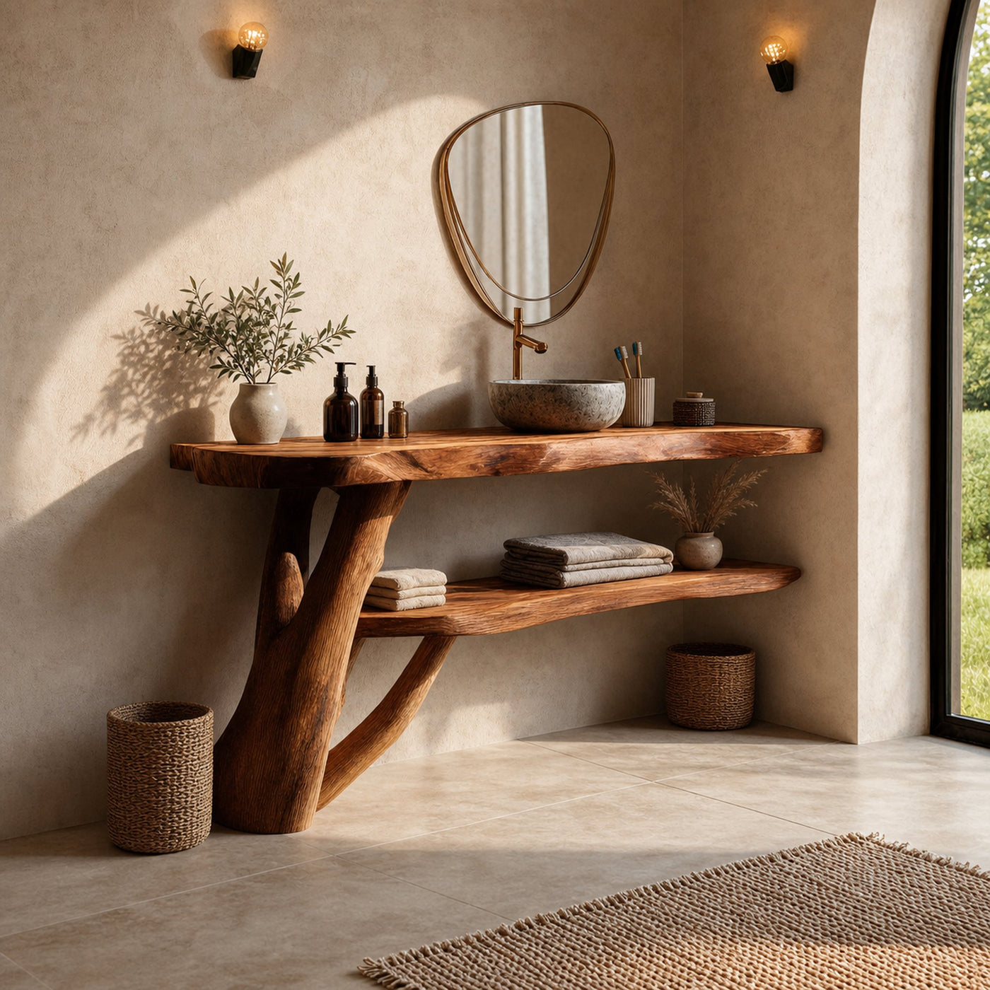 Mid Century Solid Wood Bathroom Vanity Handmade Live Edge For Bathroom