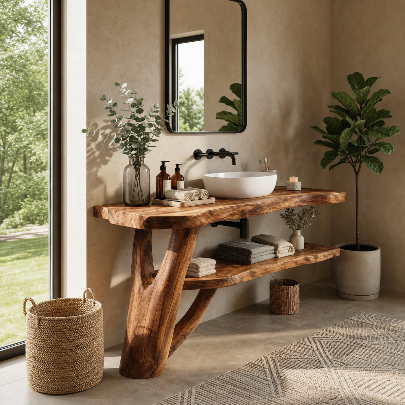 Mid Century Solid Wood Bathroom Vanity Handmade Live Edge For Bathroom - product view 2