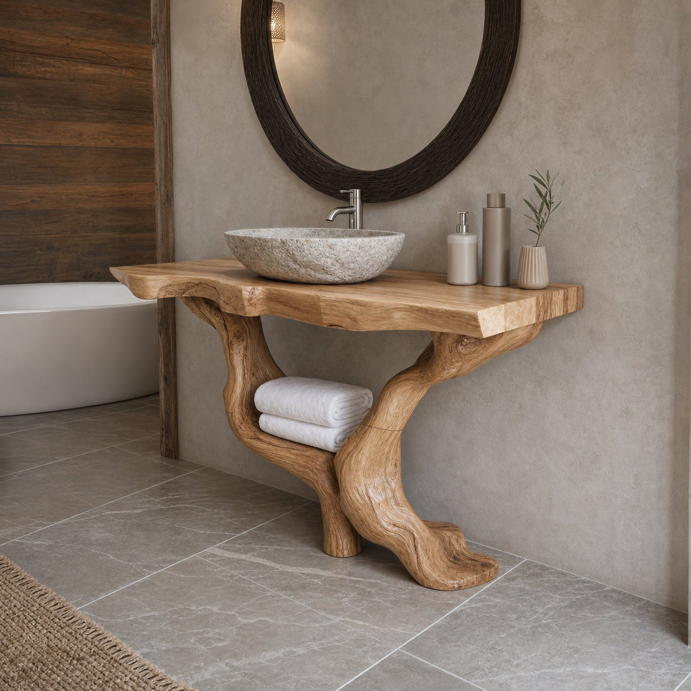 Mid Century Solid Wood Bathroom Vanity Organic Live Edge For Home Bath