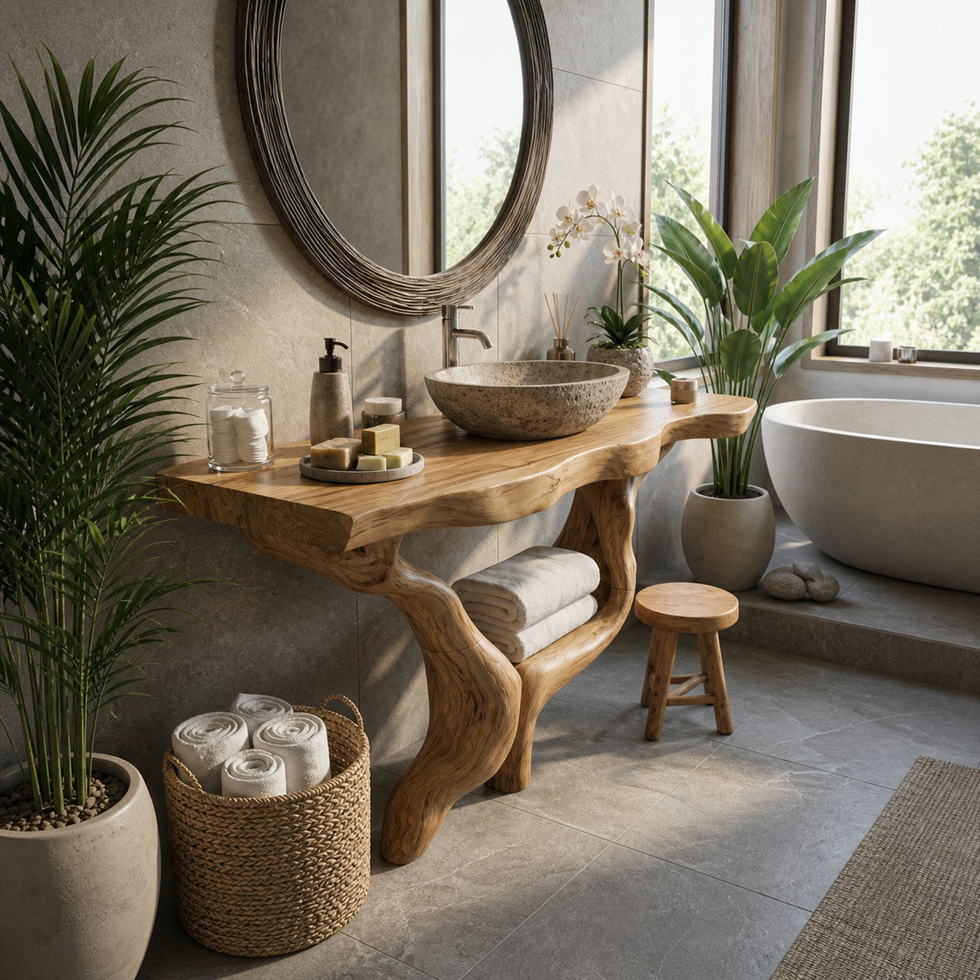 Mid Century Solid Wood Bathroom Vanity Organic Live Edge For Home Bath - product view 4