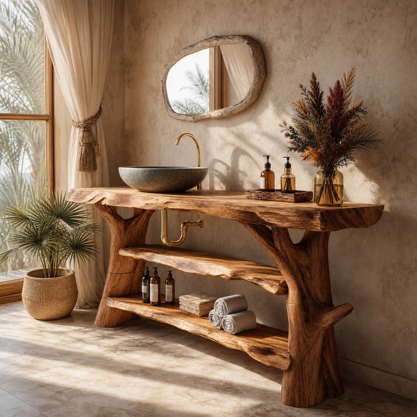 Mid Century Solid Wood Bathroom Vanity Sculptural Live Edge For Bath