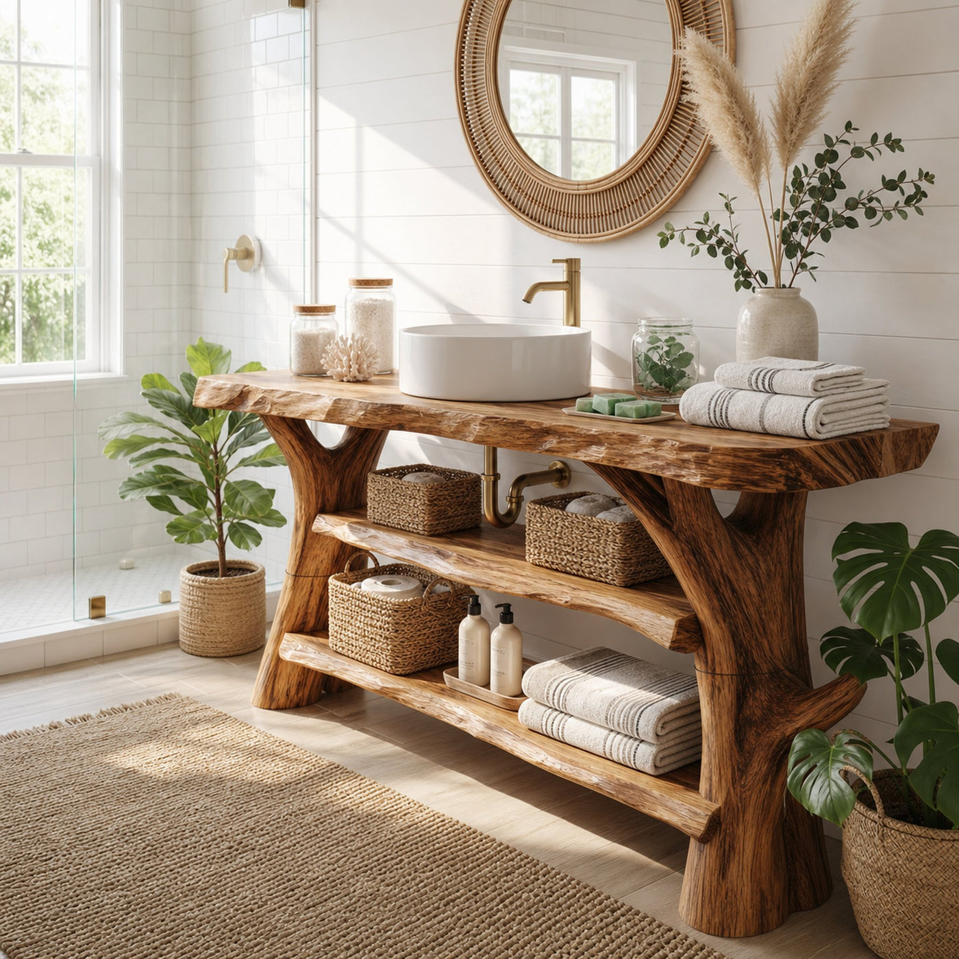 Mid Century Solid Wood Bathroom Vanity Sculptural Live Edge For Bath - product view 2