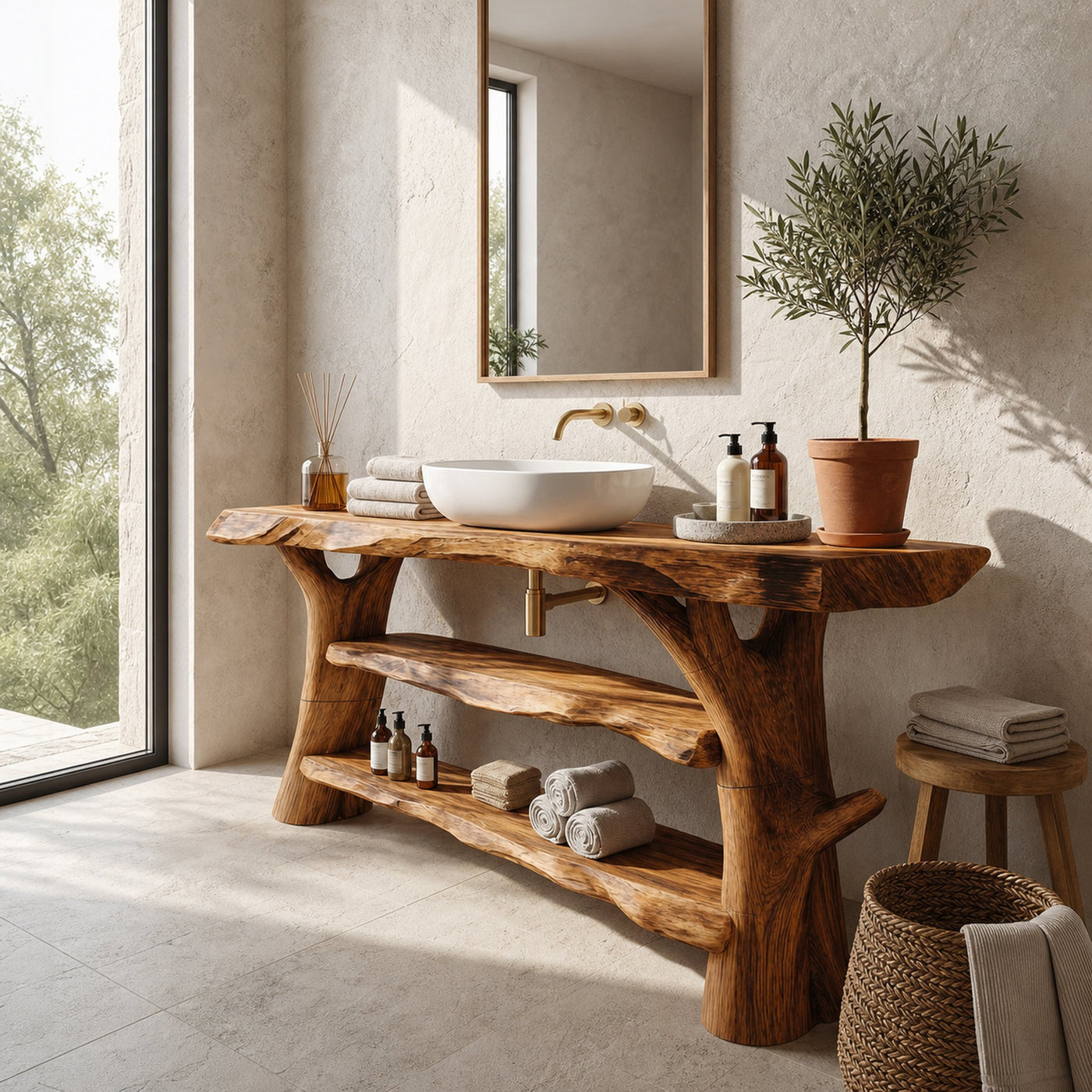 Mid Century Solid Wood Bathroom Vanity Sculptural Live Edge For Bath - product view 3