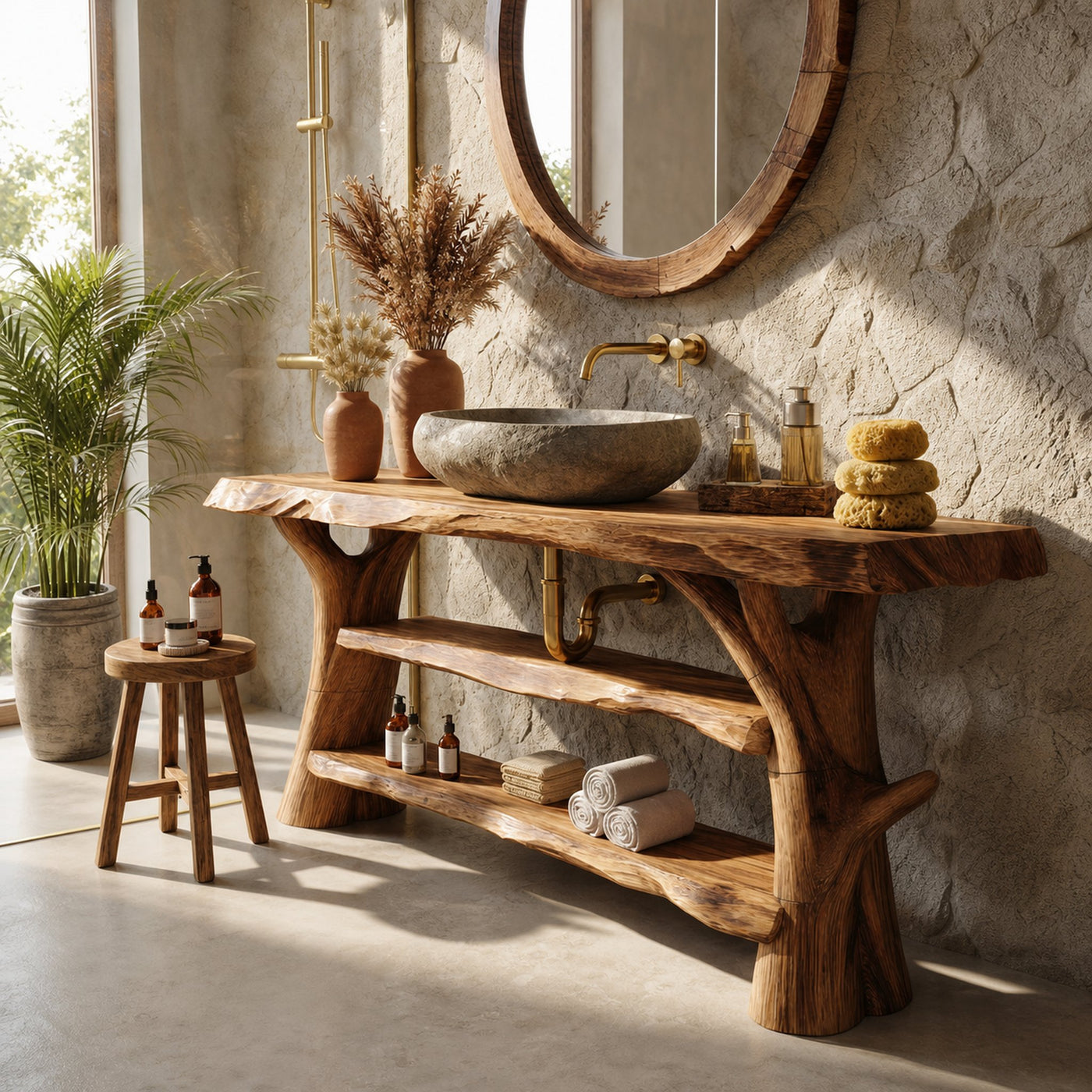 Mid Century Solid Wood Bathroom Vanity Sculptural Live Edge For Bath - product view 4