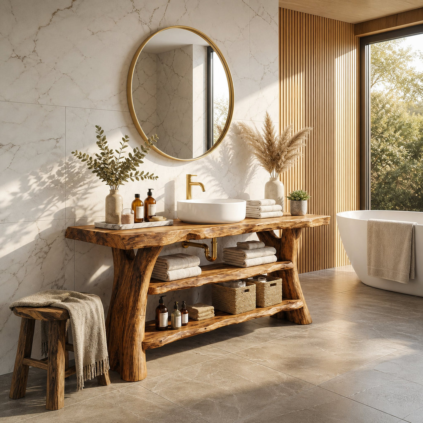 Mid Century Solid Wood Bathroom Vanity Sculptural Live Edge For Bath - product view 6