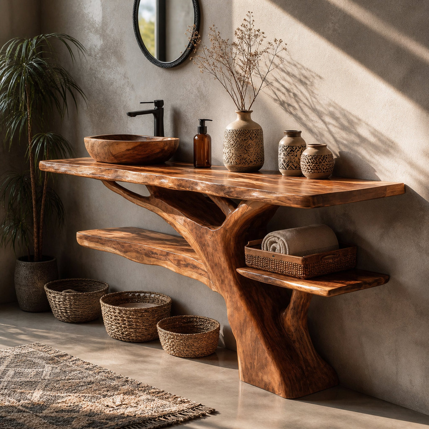 Mid Century Solid Wood Bathroom Vanity Sculptural Live Edge For Bathroom