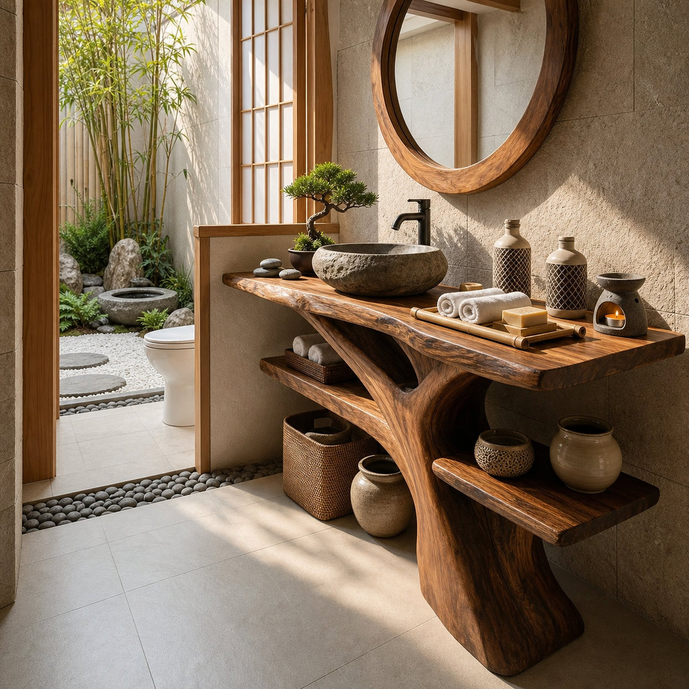 Mid Century Solid Wood Bathroom Vanity Sculptural Live Edge For Bathroom - product view 4