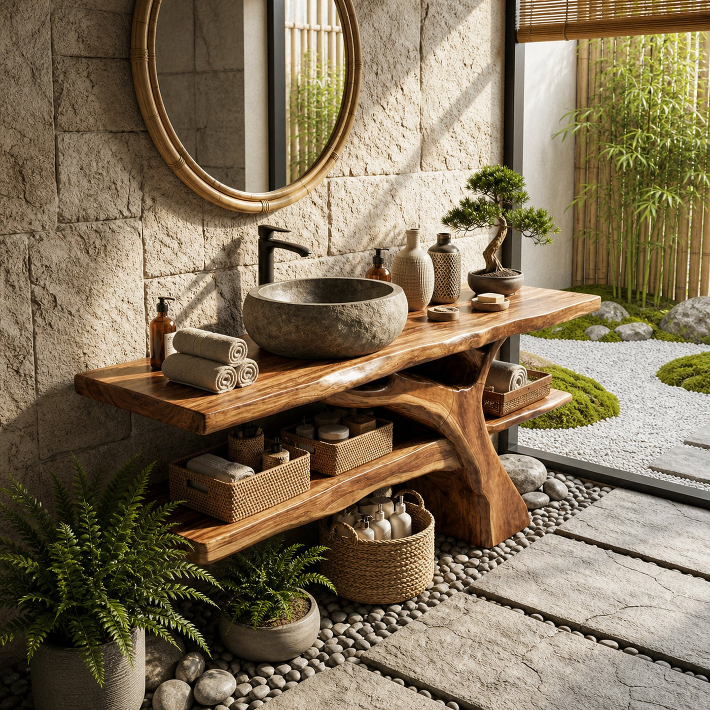 Mid Century Solid Wood Bathroom Vanity Sculptural Live Edge For Bathroom - product view 5