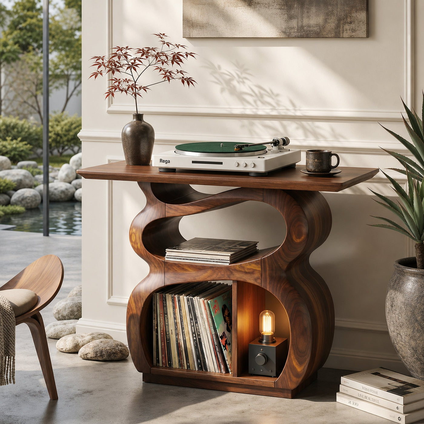 Mid Century Turntable Stand With Drawer Storage Interior