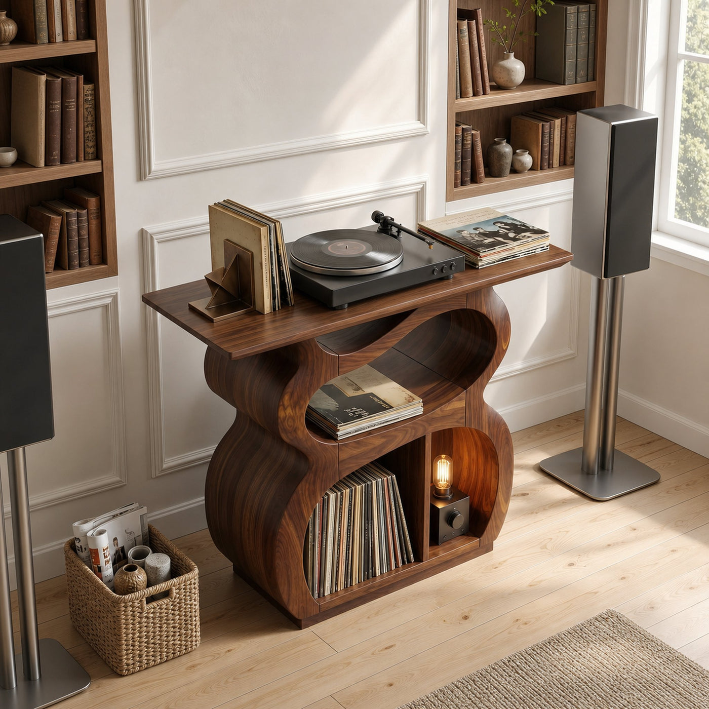 Mid Century Turntable Stand With Drawer Storage Interior - product view 2
