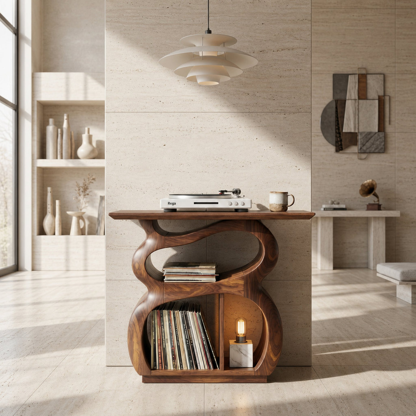 Mid Century Turntable Stand With Drawer Storage Interior - product view 3