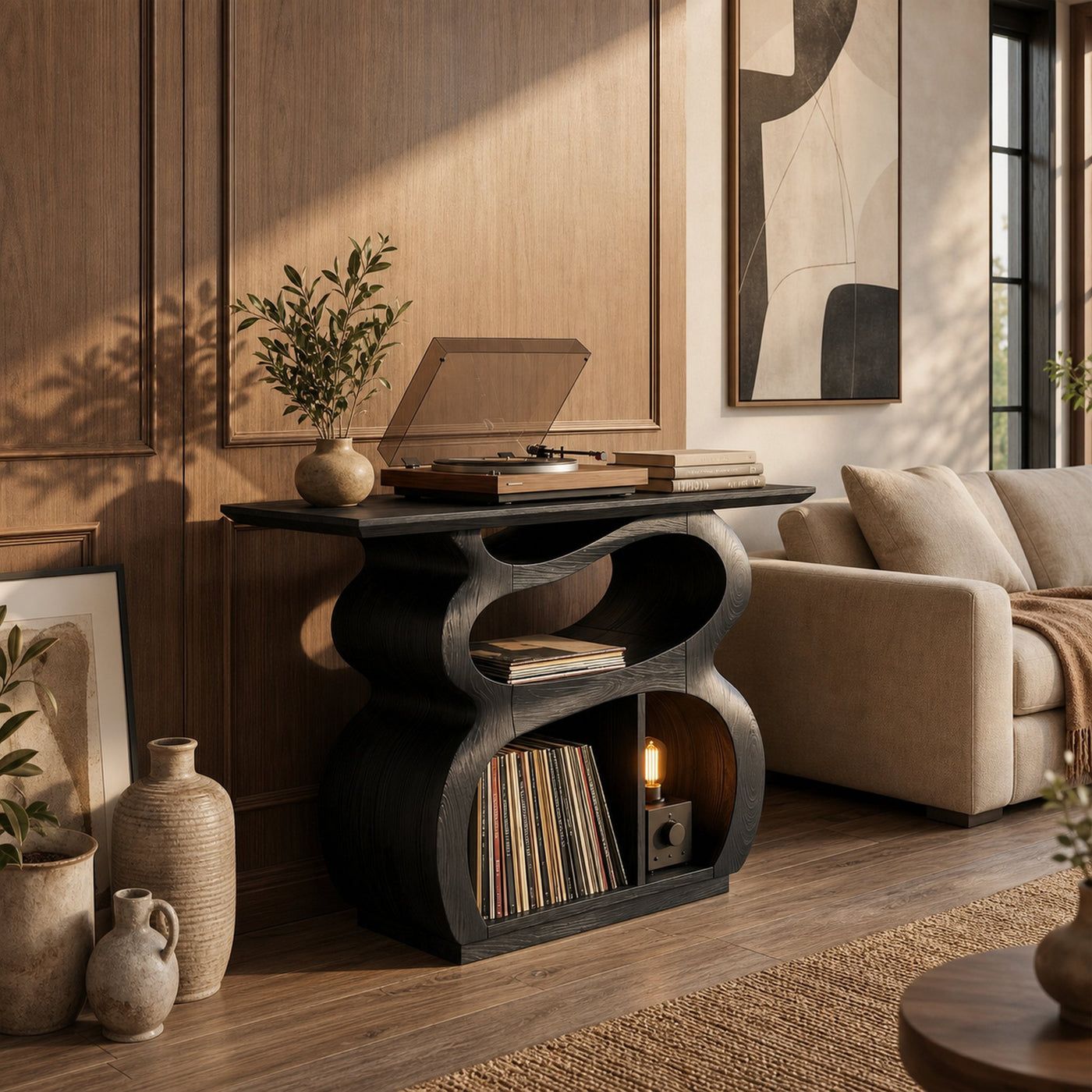 Mid Century Turntable Stand With Drawer Storage Interior - product view 4