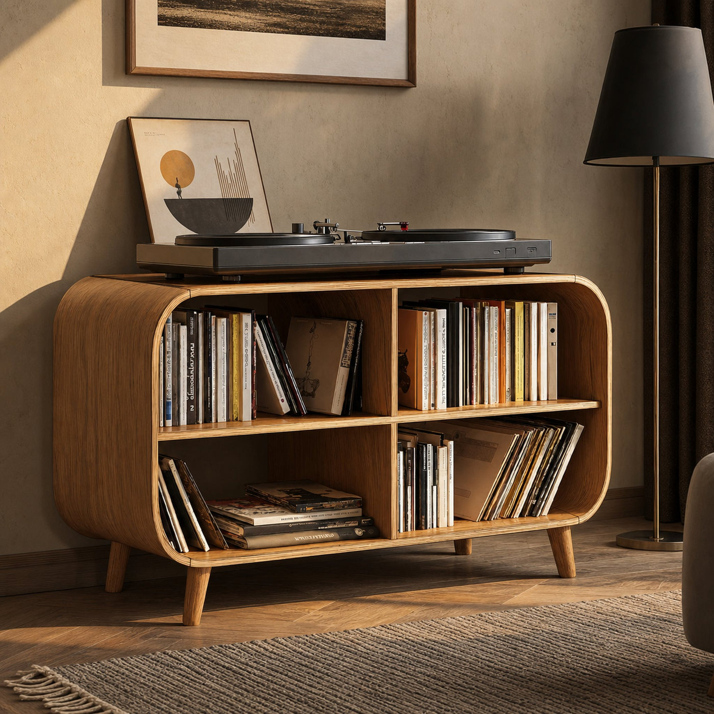 Mid Century Vinyl Record Storage Stand For Entryway Design