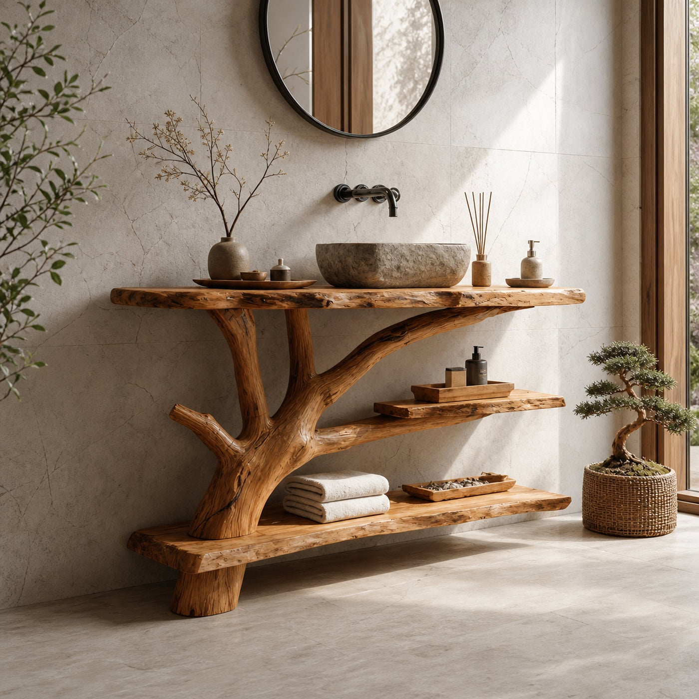 Mid Century Wooden Live Edge Bathroom Vanity For Bathroom Design