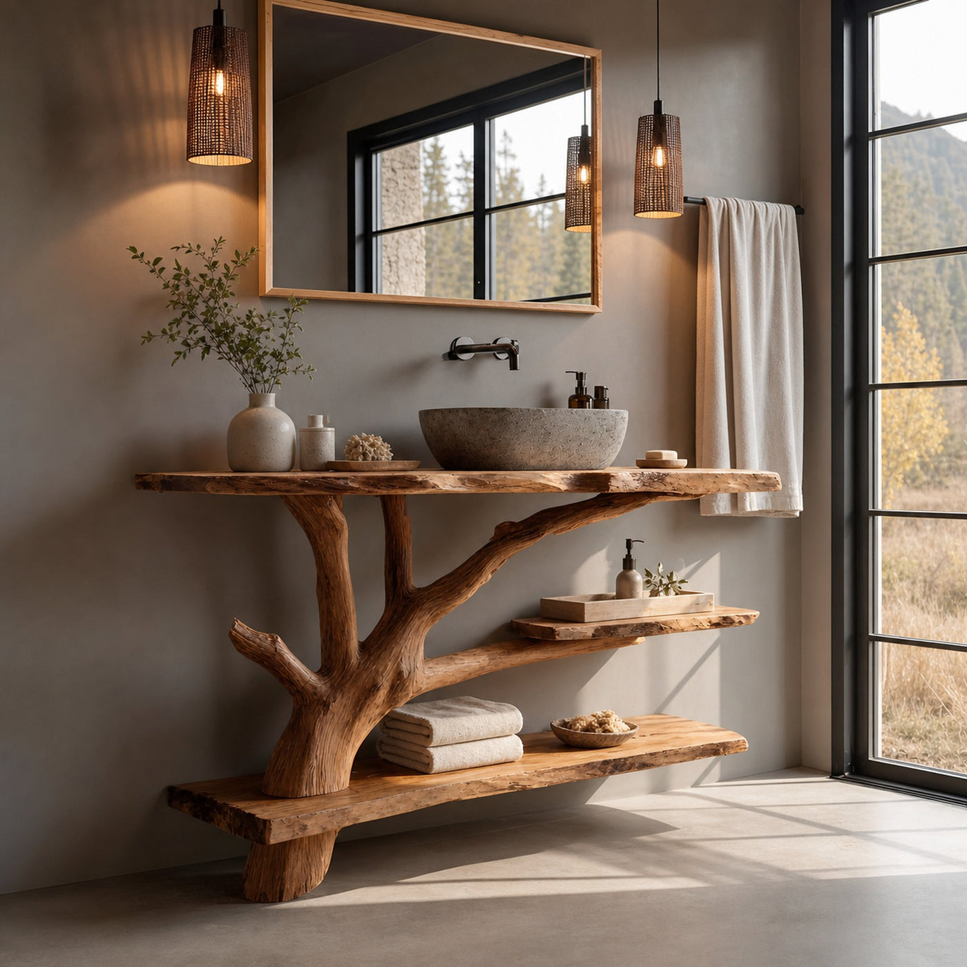 Mid Century Wooden Live Edge Bathroom Vanity For Bathroom Design - product view 2