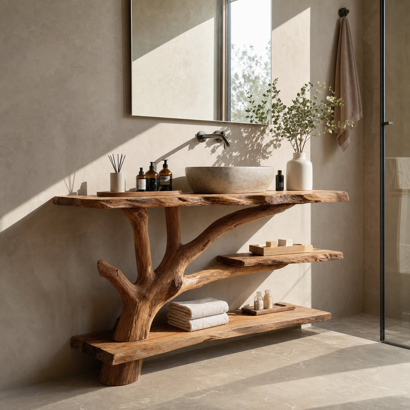 Mid Century Wooden Live Edge Bathroom Vanity For Bathroom Design - product view 3
