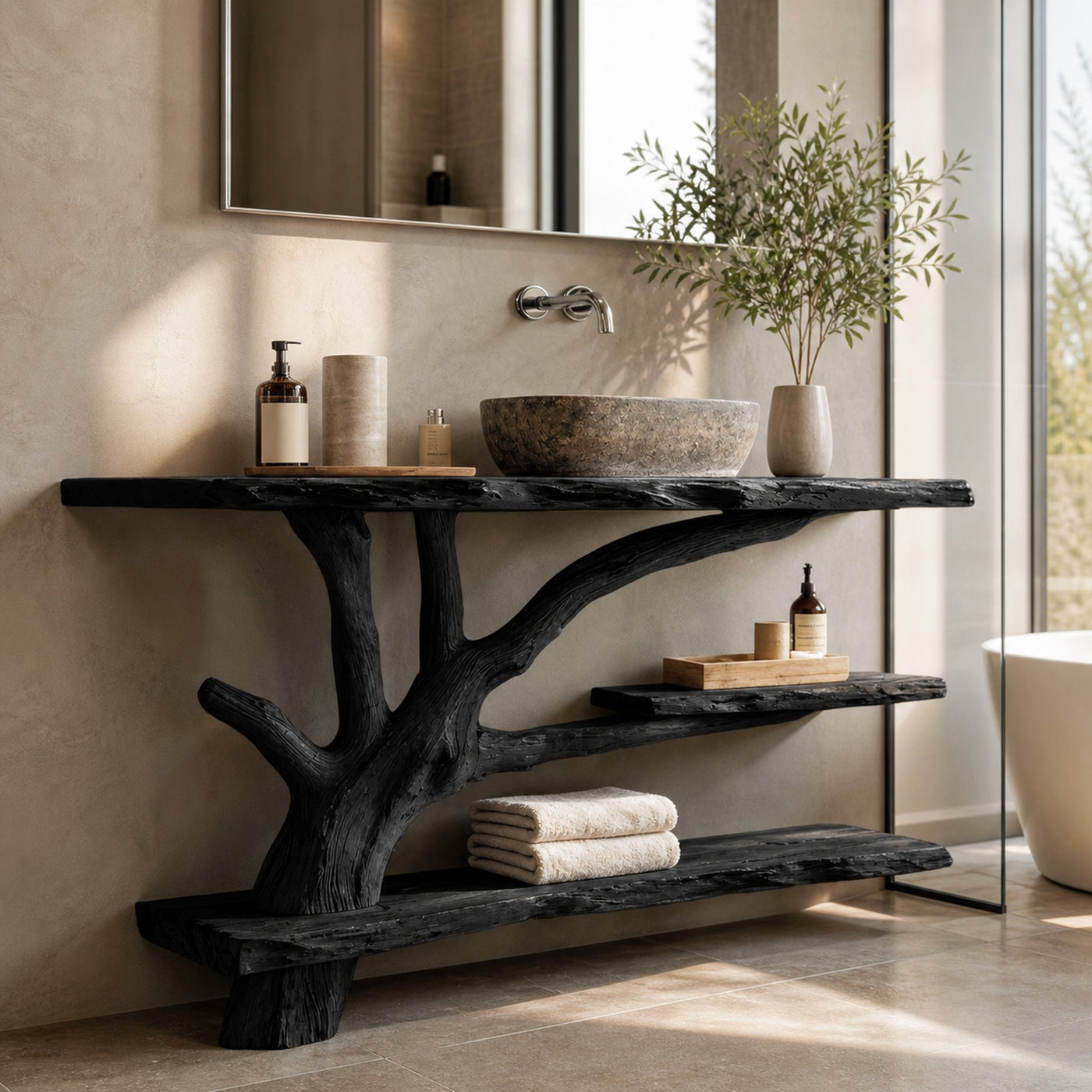 Mid Century Wooden Live Edge Bathroom Vanity For Bathroom Design - product view 4