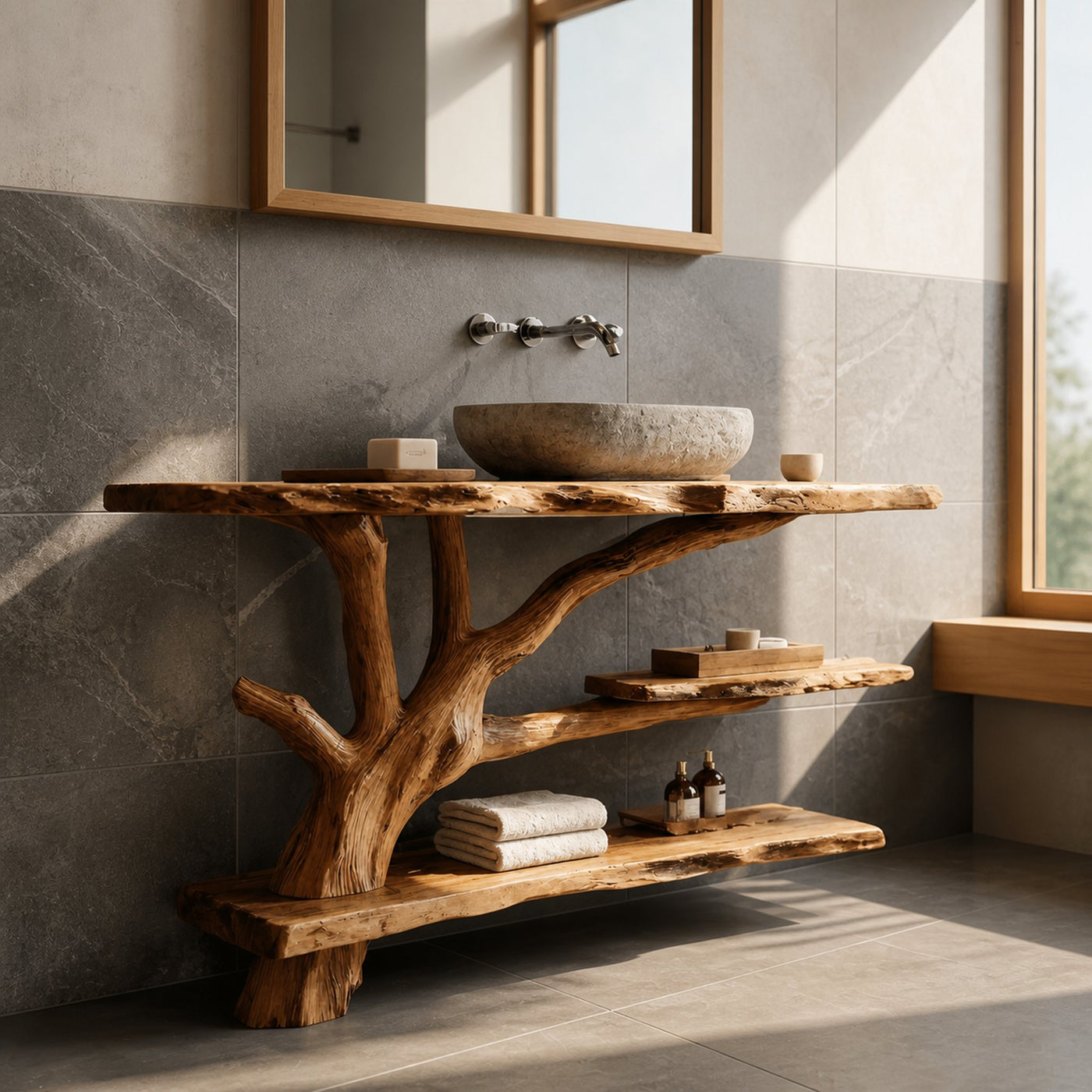 Mid Century Wooden Live Edge Bathroom Vanity For Bathroom Design - product view 6