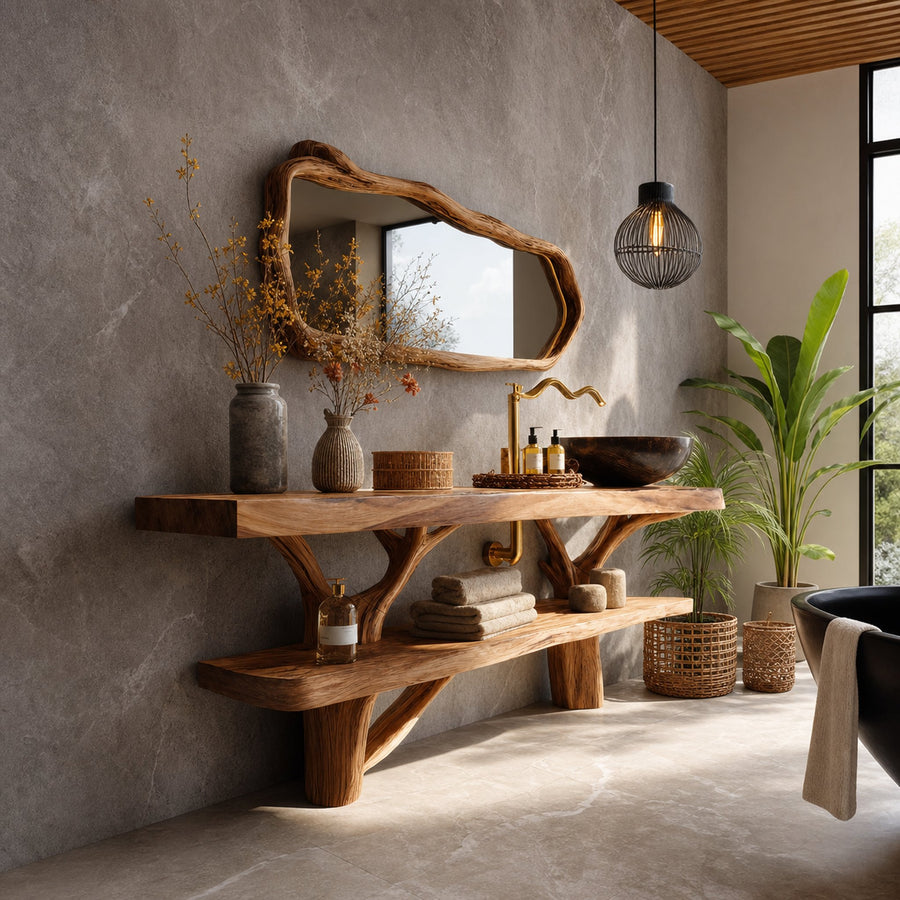 Mid Century Wooden Live Edge Bathroom Vanity For Elegant Bathroom Decor