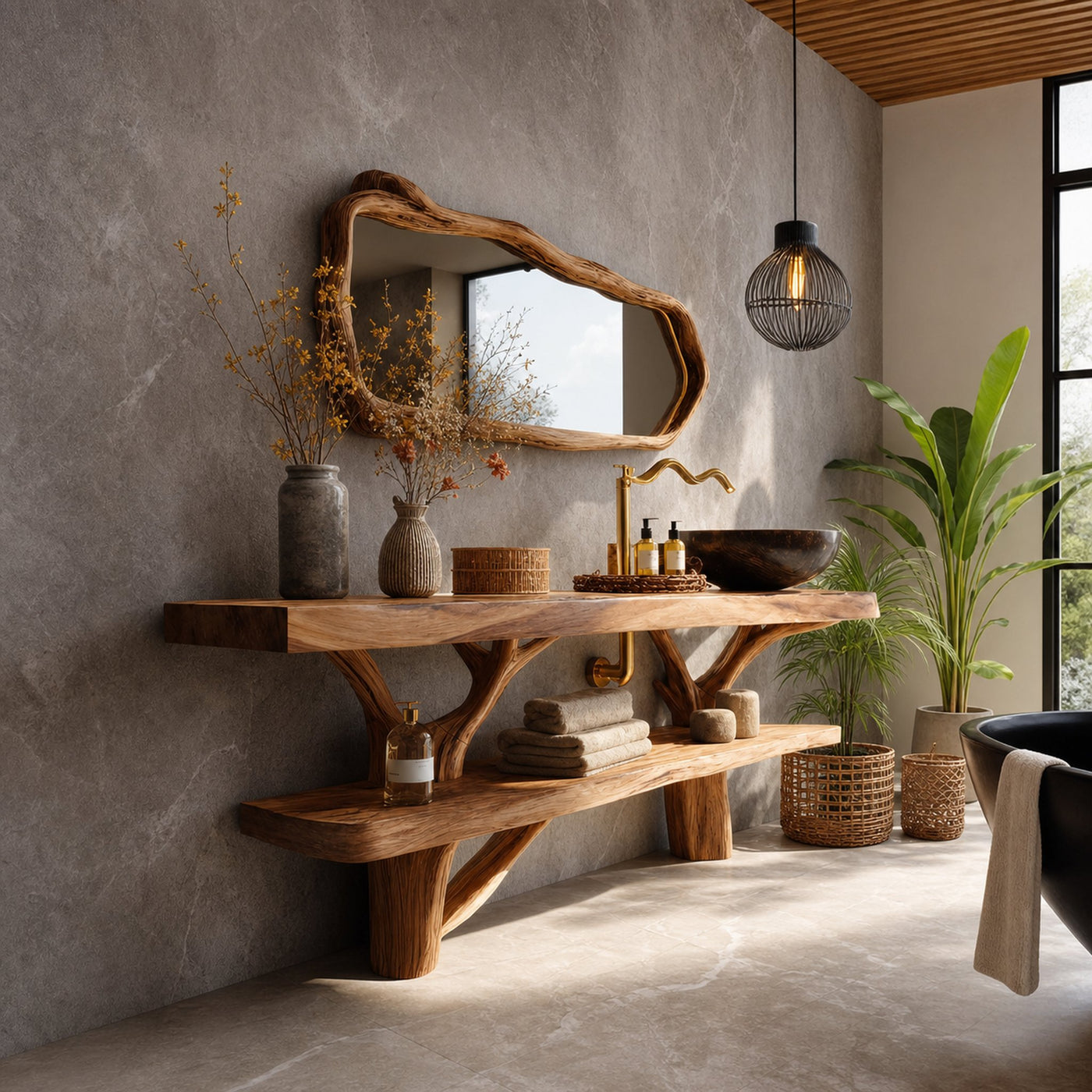 Mid Century Wooden Live Edge Bathroom Vanity For Elegant Bathroom Decor